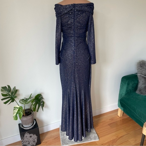 Talbot Runhof Mermaid Royal Navy Glitter Sequin Off The Shoulder Metallic Gown 8 - Picture 5 of 12